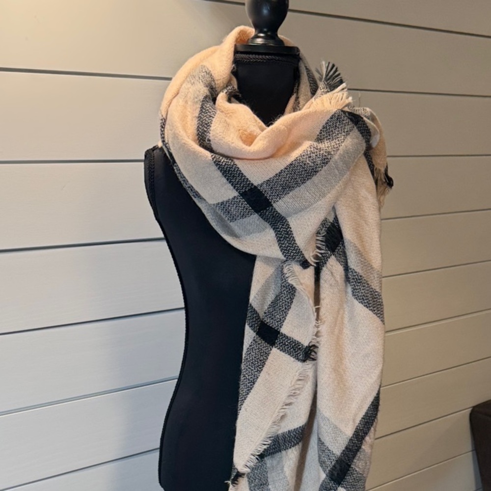 Pink Grey and Black Plaid Scarf Wrap 51x51 Square